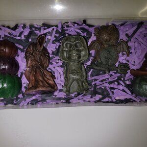 HALLOWEEN RESIN FIGURINES 5PC SET NEW CRIDDER'D GRIMM PUMPKIN DEVIL CAT SKELETON